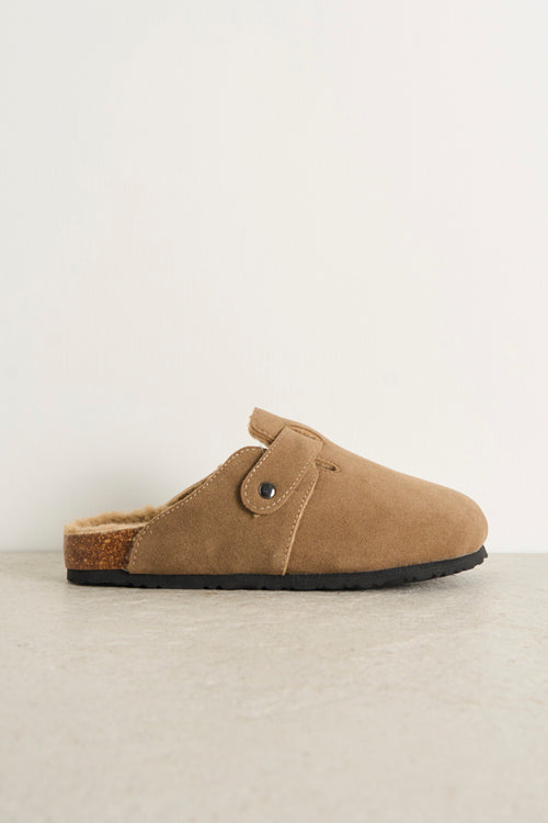 Taupe suede women's clogs