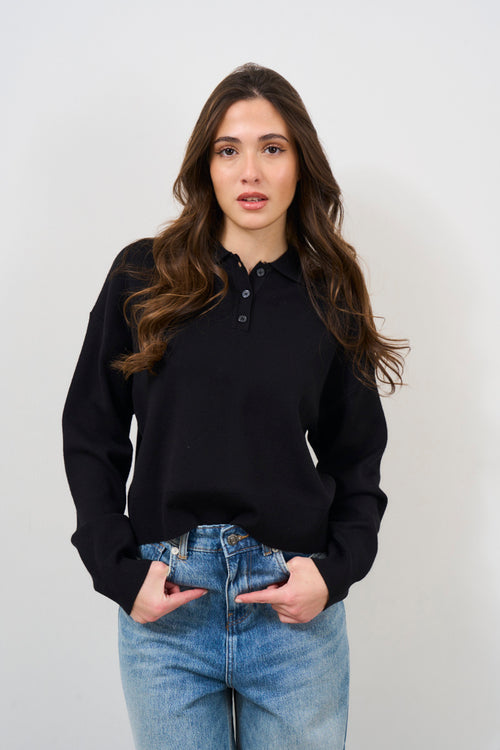 Women's black knitted polo shirt