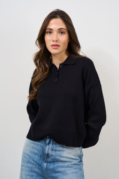 Women's black knitted polo shirt - 2