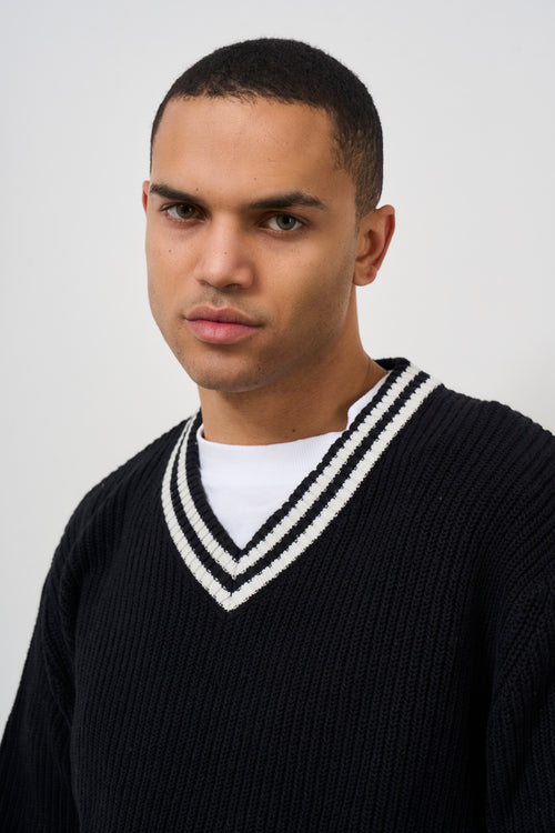 Men's black striped V-neck sweater - 2