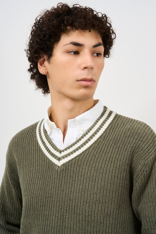 Men's olive striped V-neck sweater - 2