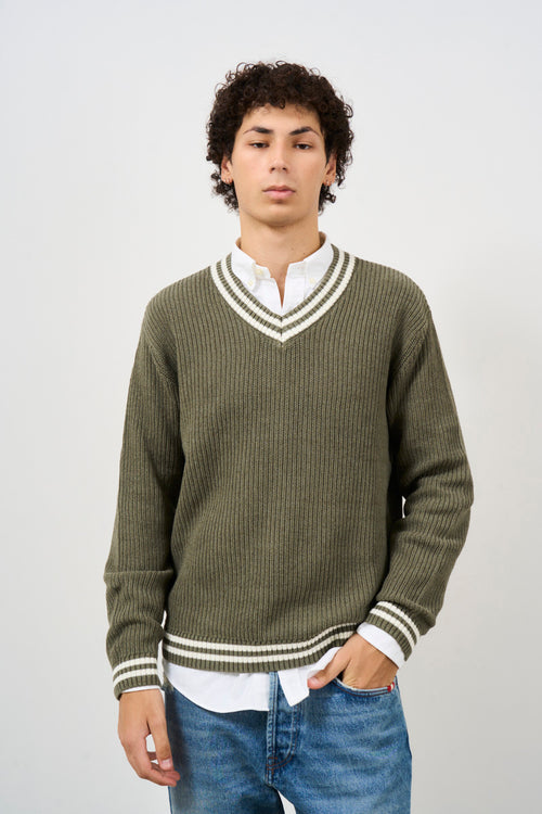 Men's olive striped V-neck sweater