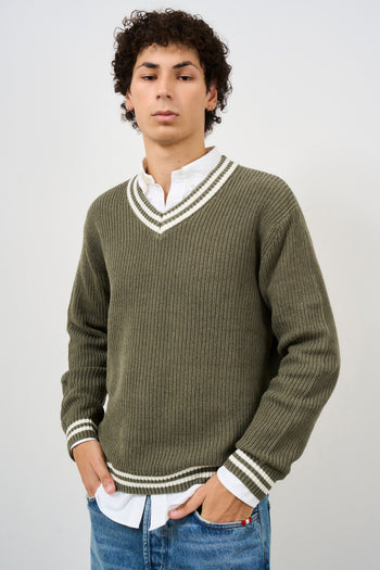 Men's olive striped V-neck sweater - 3