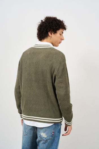 Men's olive striped V-neck sweater - 5