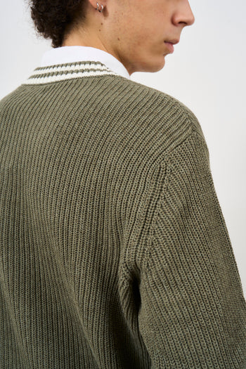 Men's olive striped V-neck sweater - 6