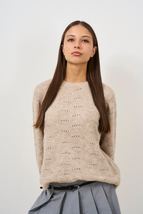 Pullover in maglia pointelle beige - 1