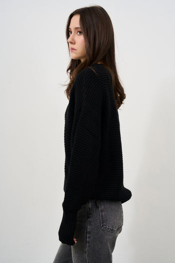 Women's black ribbed crew neck sweater - 4