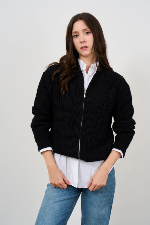 Cardigan donna nera con chiusura zip - 1