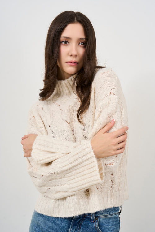 Women's high neck sweater with cream braids - 2