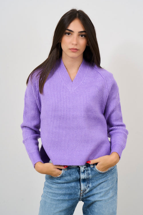 Maglione donna scollo a V lavanda