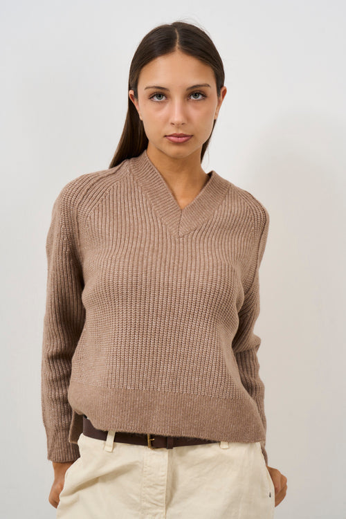 Maglione donna scollo a V tortora