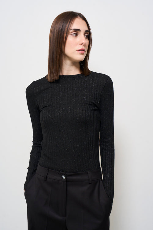 Maglia donna girocollo in lurex nero - 2