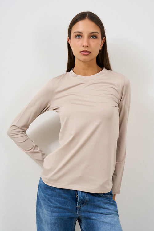 T-shirt donna beige a manica lunga