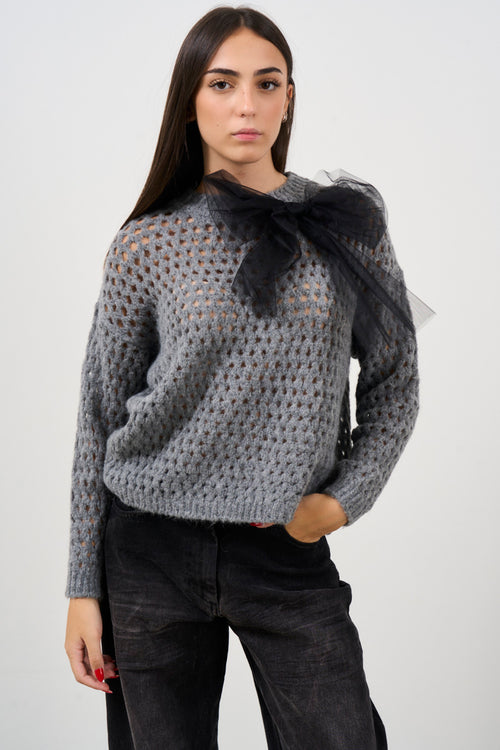 Maglione traforato con fiocco in tulle - 1