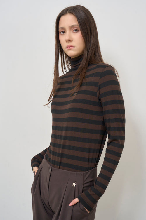 Maglia donna nera a righe collo alto