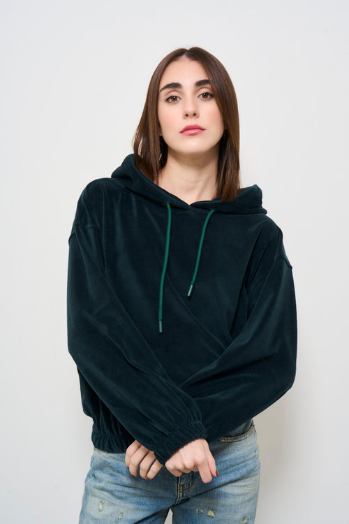 Women's Green Velvet Hooded Short Sweatshirt - 2