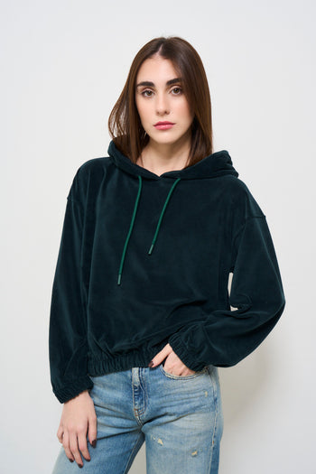 Women's Green Velvet Hooded Short Sweatshirt - 3