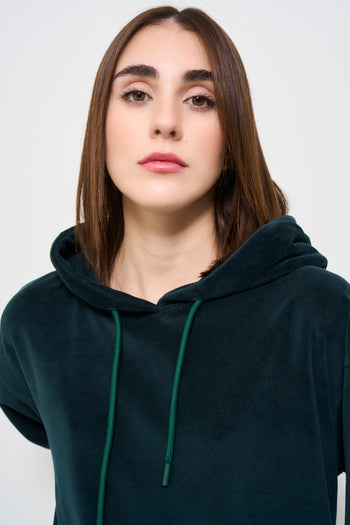 Women's Green Velvet Hooded Short Sweatshirt - 4