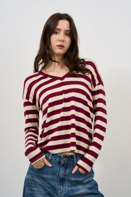 White and burgundy striped women's T-shirt