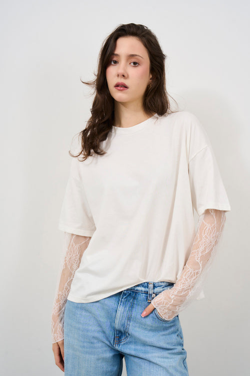 T-shirt donna bianca maniche in pizzo