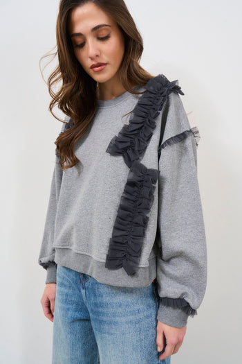 Women's grey sweatshirt with black tulle ruffles - 3