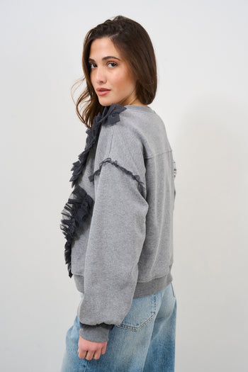 Women's grey sweatshirt with black tulle ruffles - 5