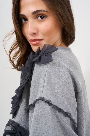 Women's grey sweatshirt with black tulle ruffles - 6