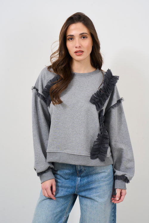 Women's grey sweatshirt with black tulle ruffles - 1