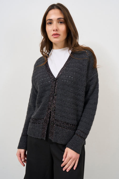 Anthracite perforated women's cardigan - 1