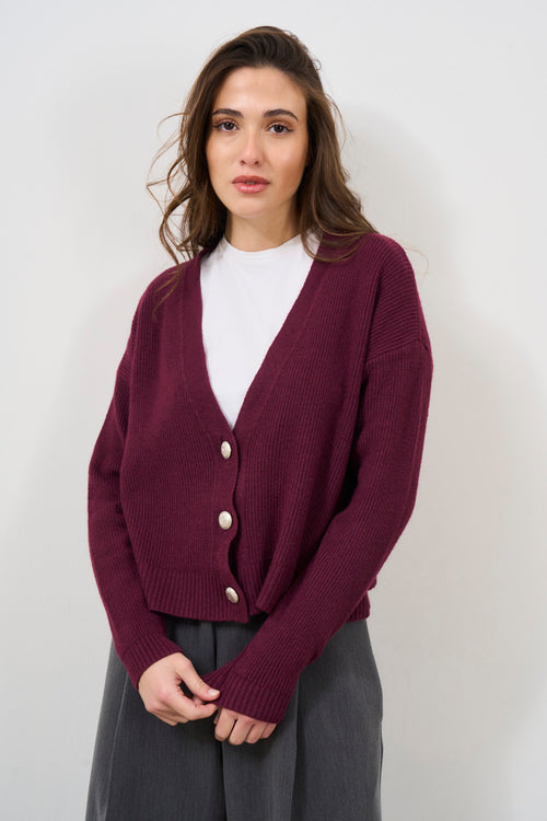 Cardigan donna bordeaux con bottoni - 2