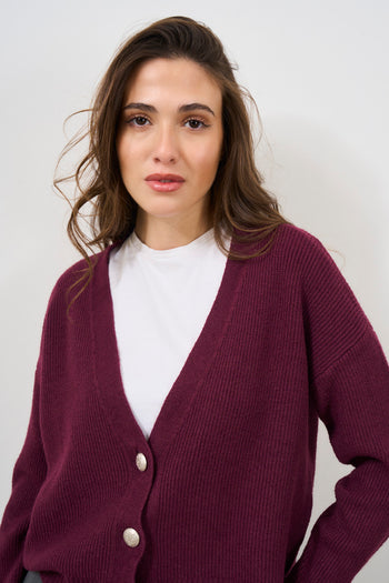 Cardigan donna bordeaux con bottoni - 3