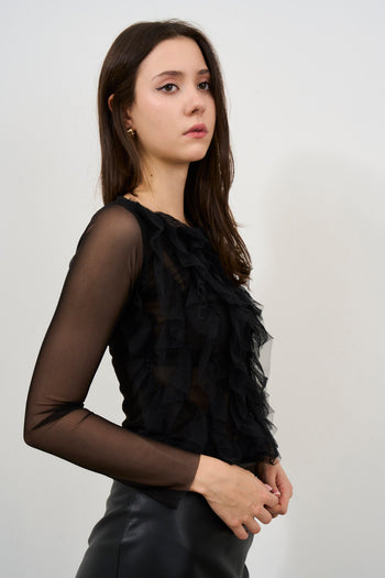 Top donna in tulle nera con ruches - 5