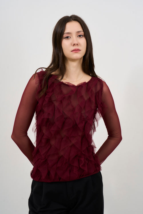 Top donna in tulle bordeaux con ruches - 1