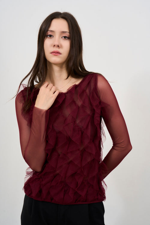 Top donna in tulle bordeaux con ruches - 2