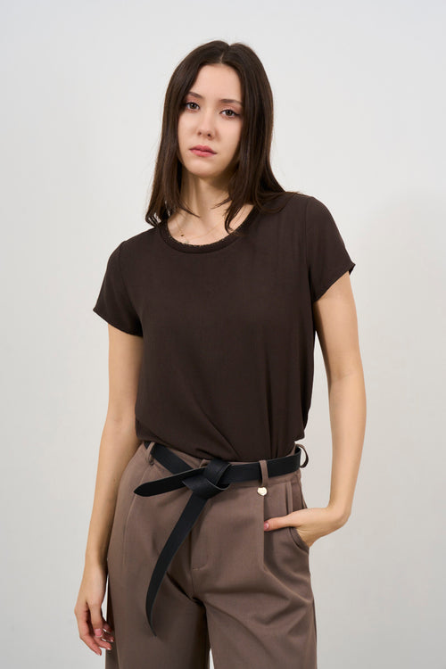 Women's brown short sleeve satin t-shirt