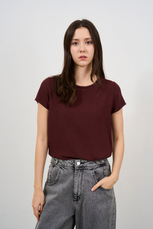 Women's burgundy satin short-sleeve T-shirt