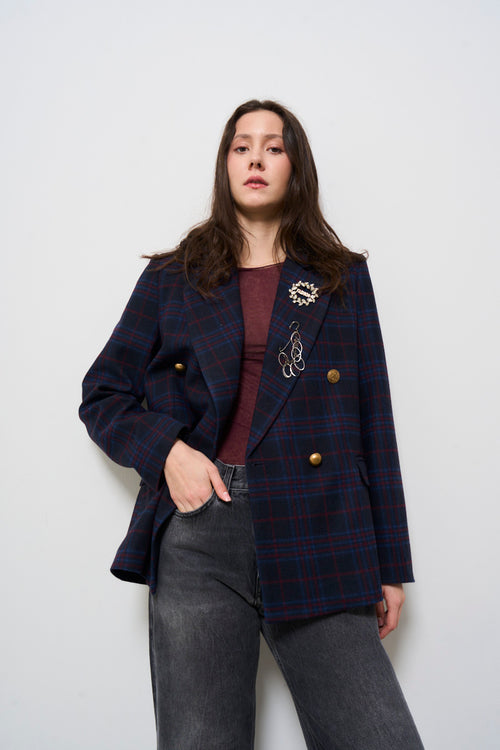 Giacca donna tartan doppiopetto blu