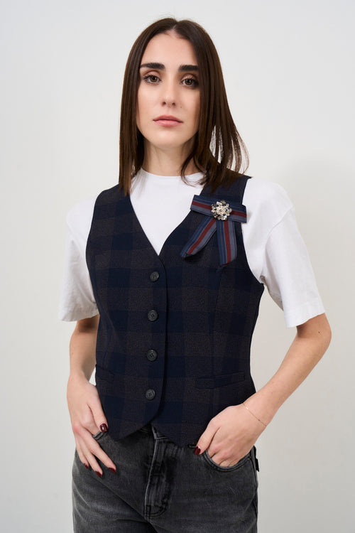 Gilet donna tartan blu senza spilla - 2