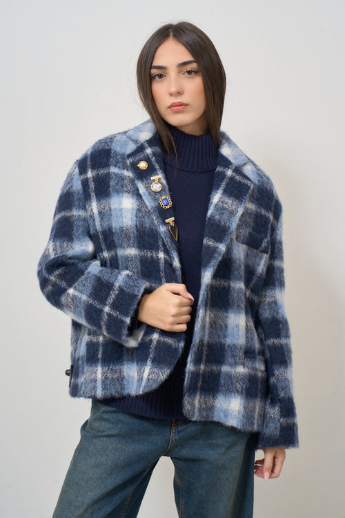 Cappotto donna a quadri blu con spille