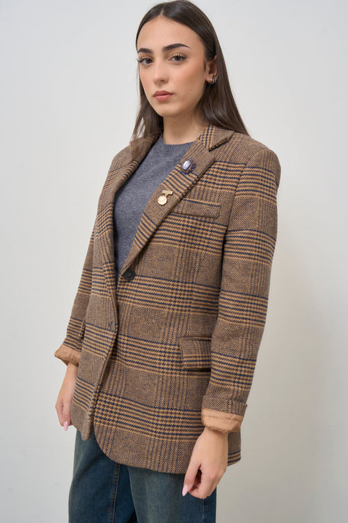 Women's Brown Check Single Breasted Jacket - 2