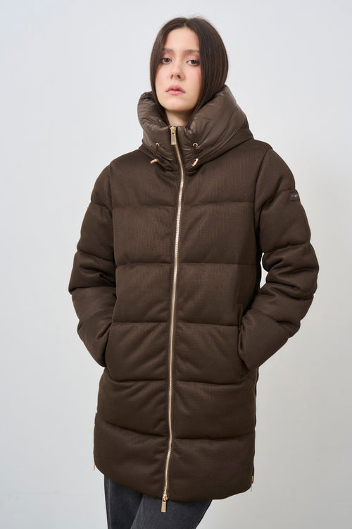 Brown women's down jacket with hood