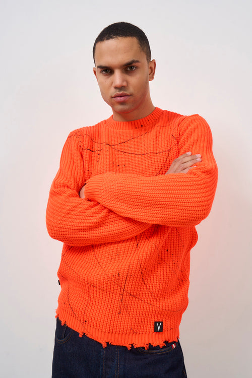 Men's Fluorescent Orange Crew Neck Sweater - 2