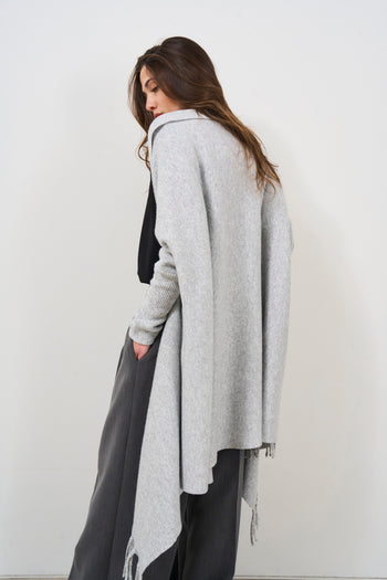 Women's grey melange cape with fringes - 3