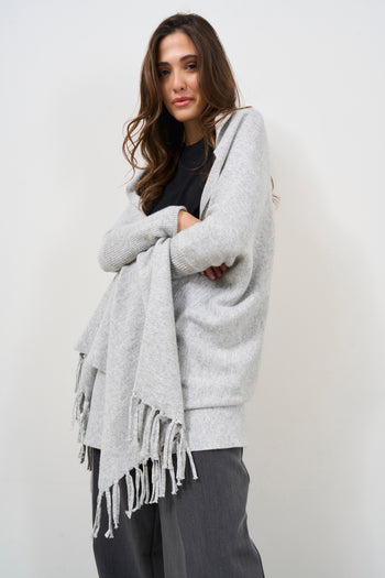 Women's grey melange cape with fringes - 5