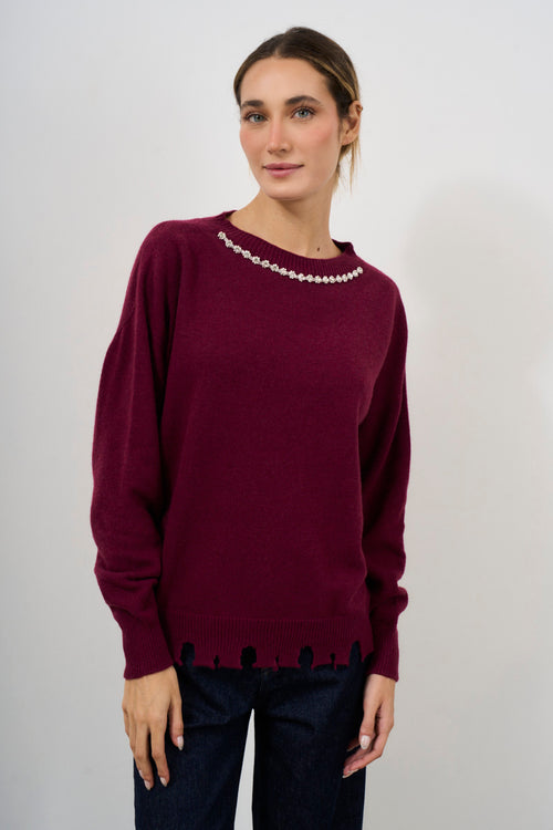 Women's burgundy sweater with rhinestone detail