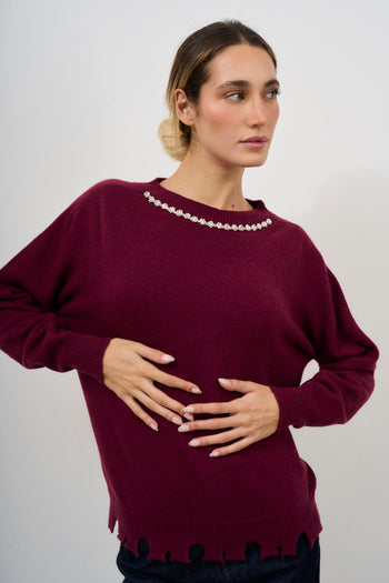 Women's burgundy sweater with rhinestone detail - 3