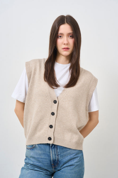 Beige knitted women's vest - 1