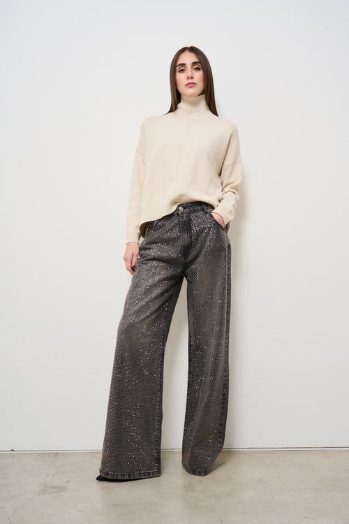 Wide leg trousers with grey rhinestones