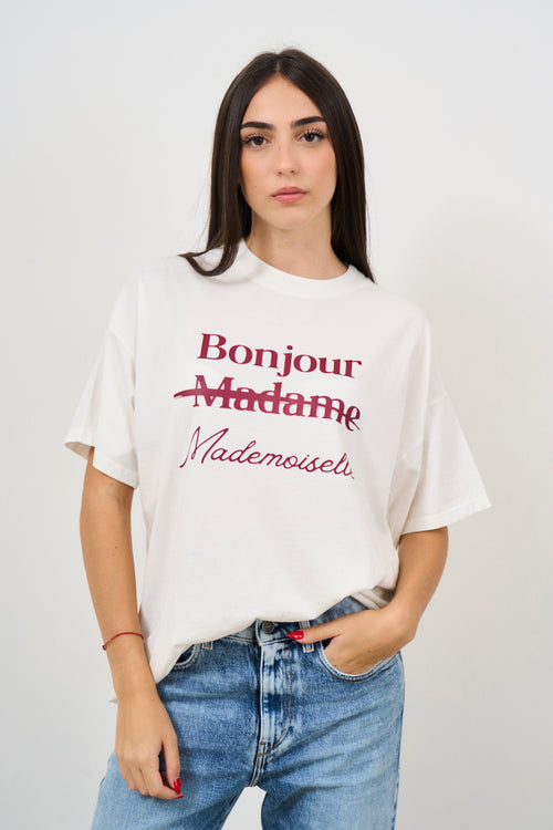 T-shirt donna bianca con scritta bordeaux