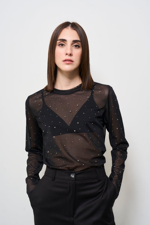 T-shirt donna in tulle nera con strass - 2